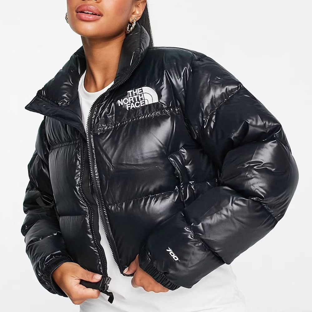 The North Face Nuptse Cropped Down Puffer Jacket Women L Black Glossy Streetwear
